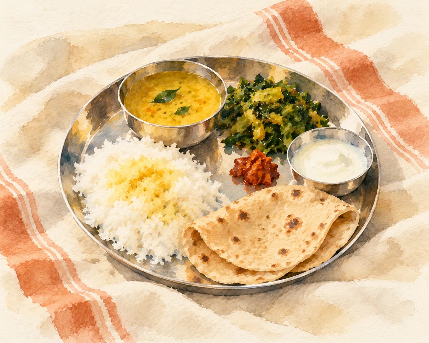 Watercolour of an everyday family plate: dal, rice, roti, a green vegetable, curd and pickle on a steel plate